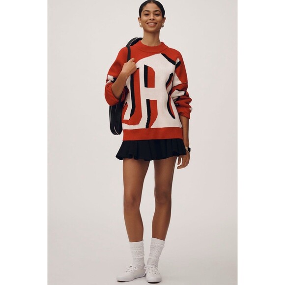 Anthropologie Maeve Sweater Oversize Red Graphic Monogram Comfy Boho Size MP NWT - Picture 1 of 12